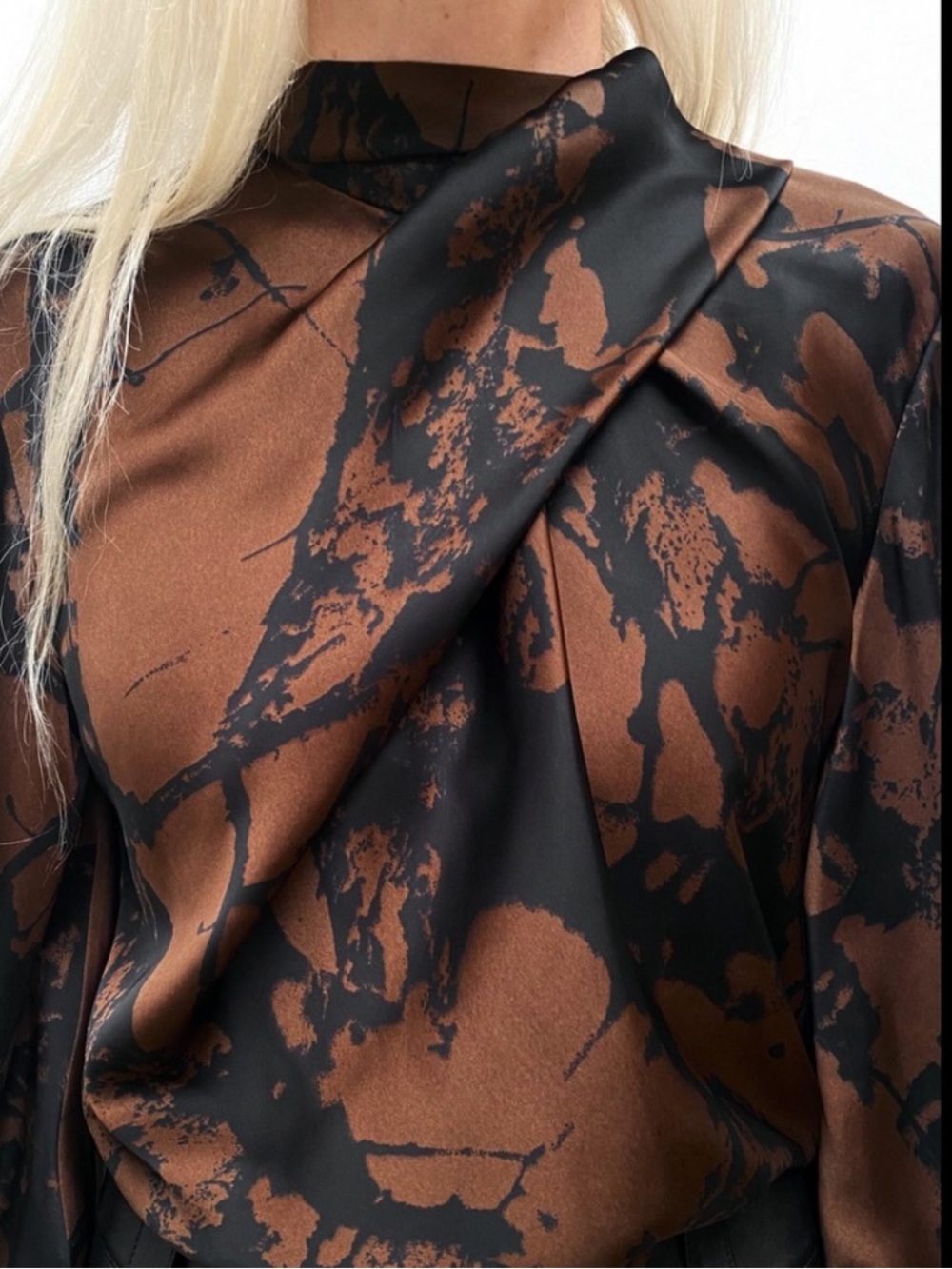 Zara Black & Brown Abstract Draped Blouse